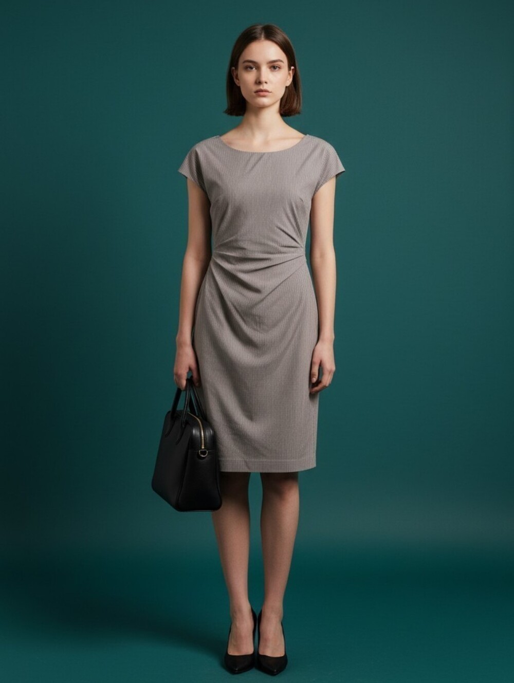 Theory Grey Pinstripe Ruched Cap Sleeve Sheath Dress